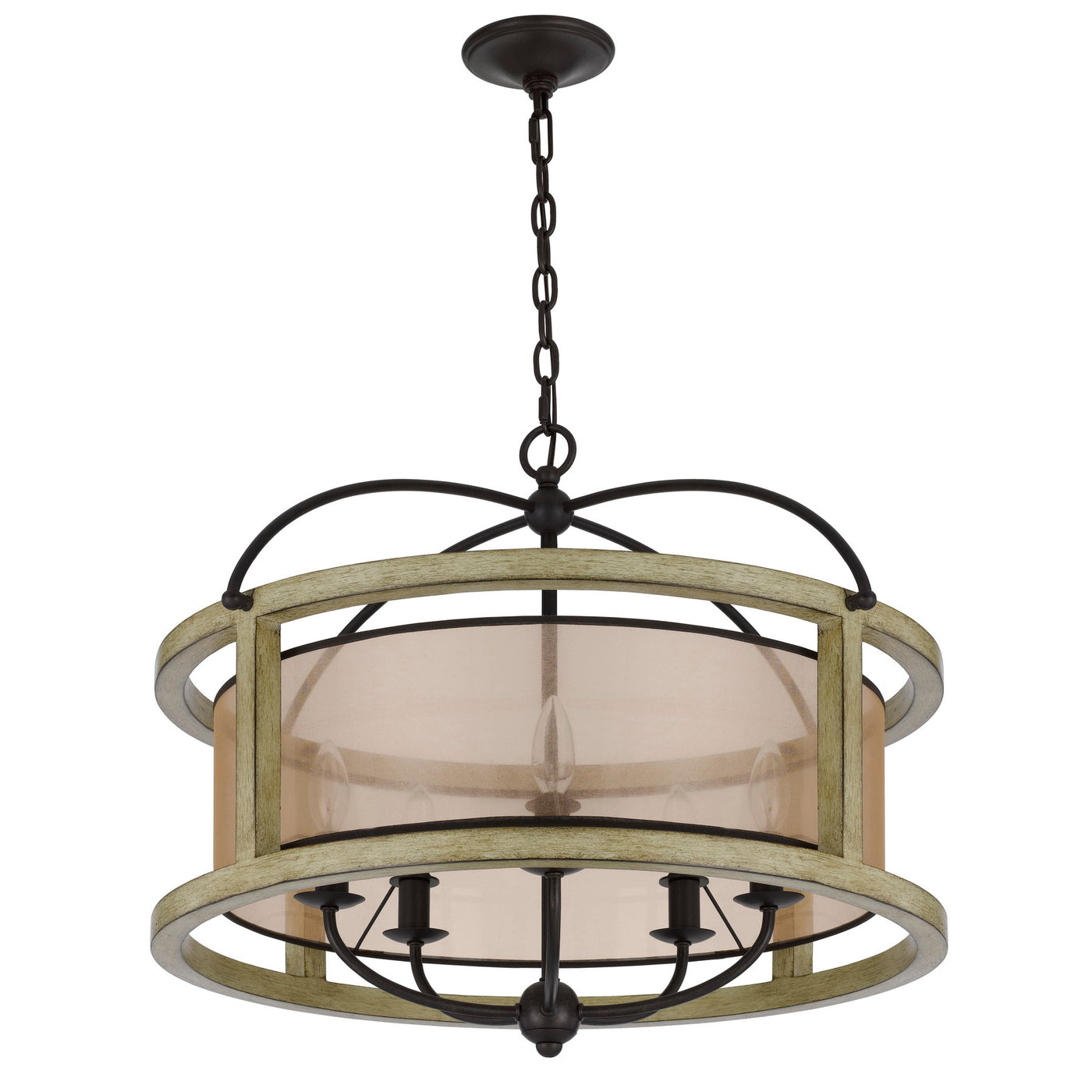 PALENCIA RUBBER WOOD ROUND CHANDELIER WITH ORGANZA SHADE Floor Lamp Cal Lighting