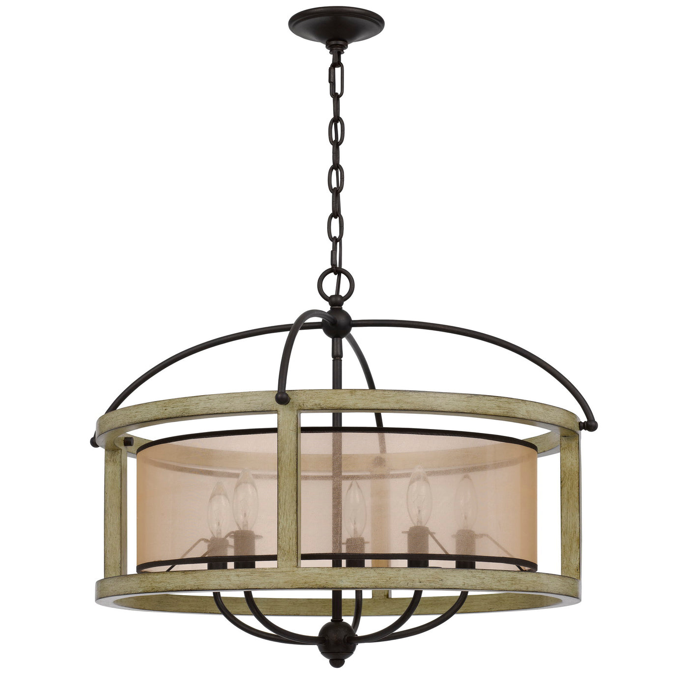 PALENCIA RUBBER WOOD ROUND CHANDELIER WITH ORGANZA SHADE Floor Lamp Cal Lighting