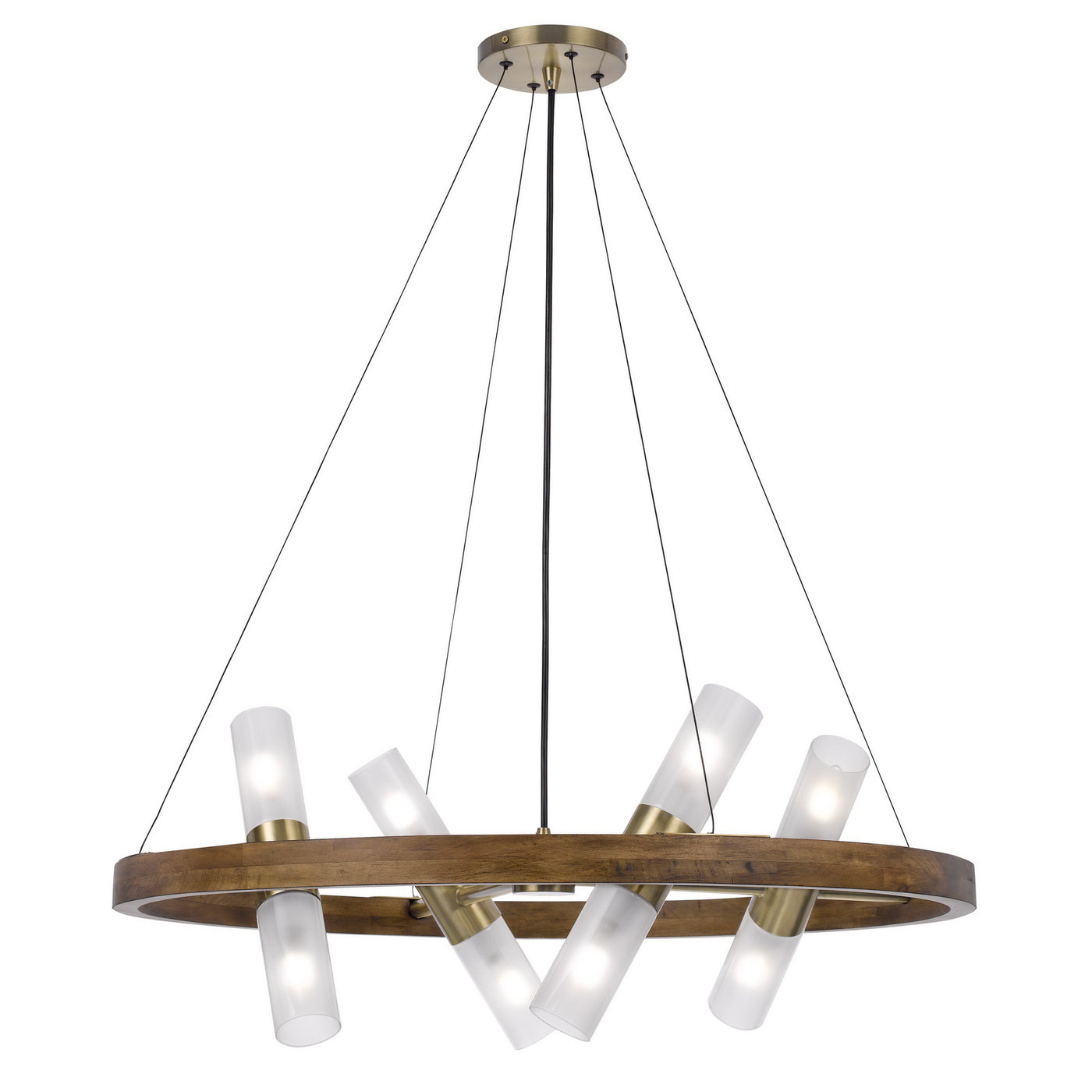 40W X 8 HEMPSTEAD BIRCH WOOD CYLINDER CHANDELIER WITH ADJUSTABLE STEEL CABLE AND GLASS SHADES Chandelier Cal Lighting