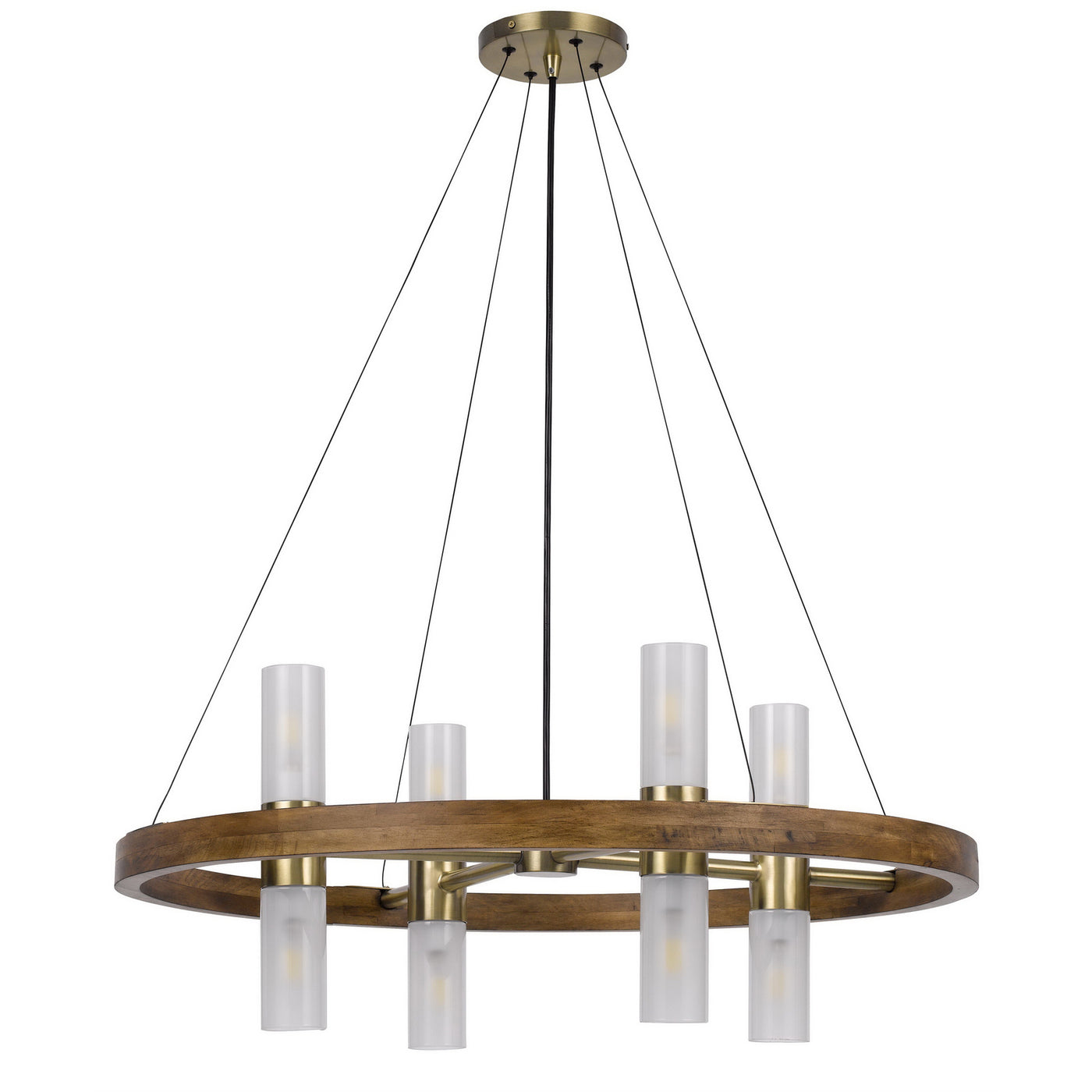 40W X 8 HEMPSTEAD BIRCH WOOD CYLINDER CHANDELIER WITH ADJUSTABLE STEEL CABLE AND GLASS SHADES Chandelier Cal Lighting