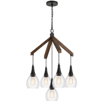 60W X 5 WATKINS RUBBER WOOD CHANDELIER WITH HANGING GLASS SHADES Chandelier Cal Lighting