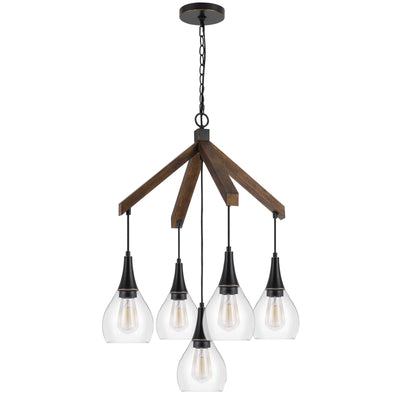 60W X 5 WATKINS RUBBER WOOD CHANDELIER WITH HANGING GLASS SHADES Chandelier Cal Lighting