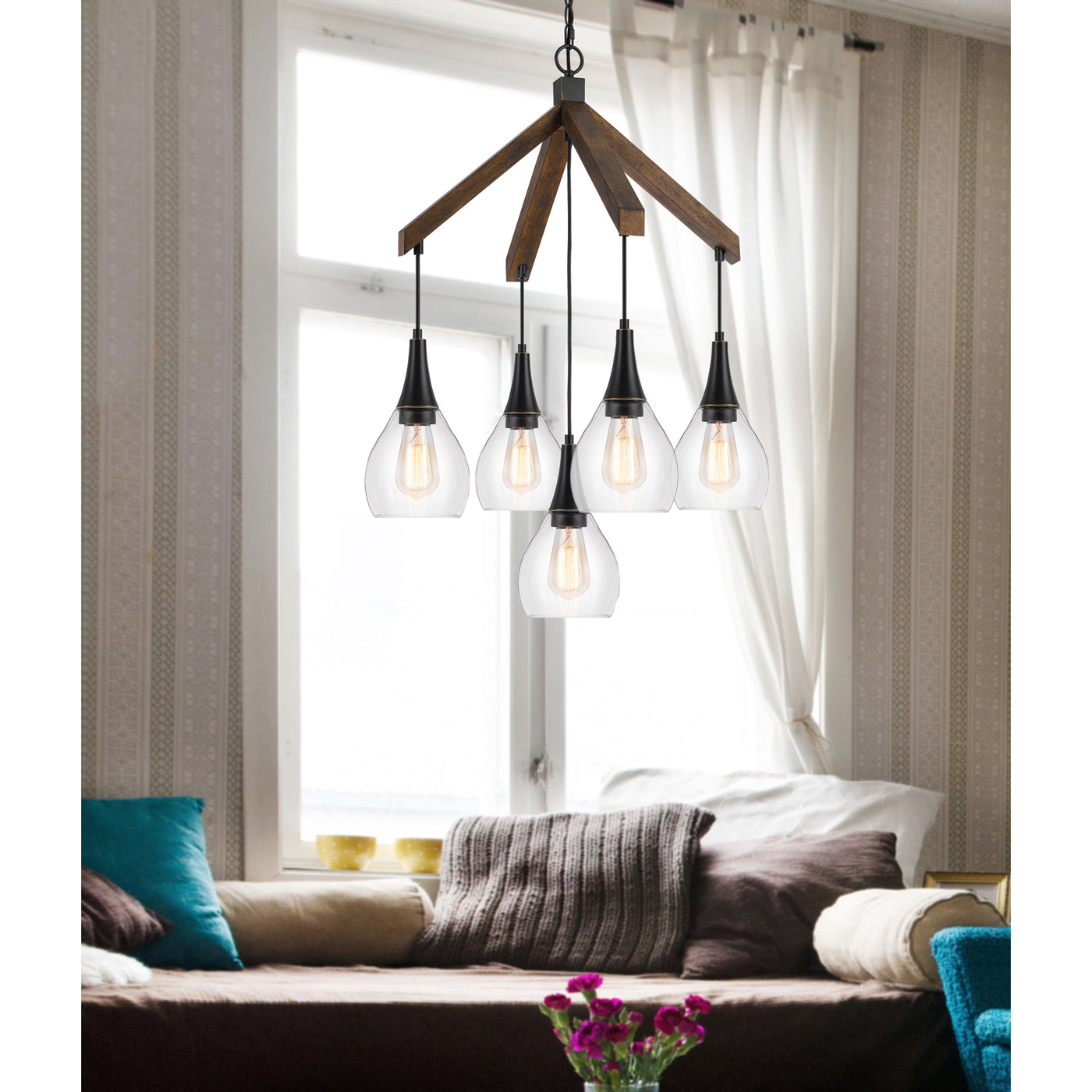 60W X 5 WATKINS RUBBER WOOD CHANDELIER WITH HANGING GLASS SHADES Chandelier Cal Lighting