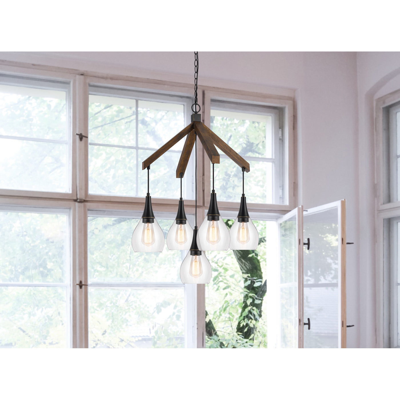 60W X 5 WATKINS RUBBER WOOD CHANDELIER WITH HANGING GLASS SHADES Chandelier Cal Lighting