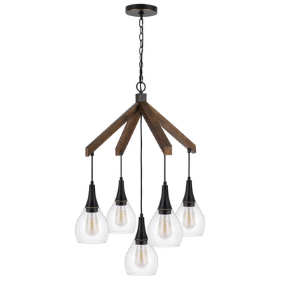 60W X 5 WATKINS RUBBER WOOD CHANDELIER WITH HANGING GLASS SHADES Chandelier Cal Lighting