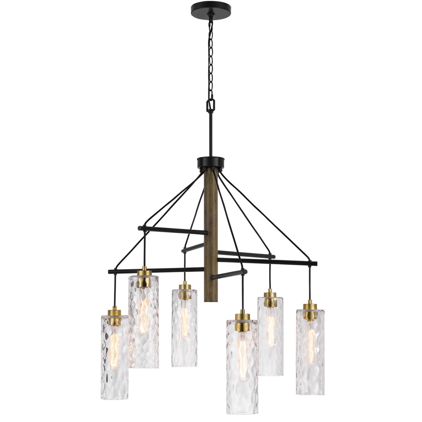 60W X 6 WILLISTON RUBBER WOOD CHANDELIER WITH HANGING TEXTURED GLASS SHADES Chandelier Cal Lighting