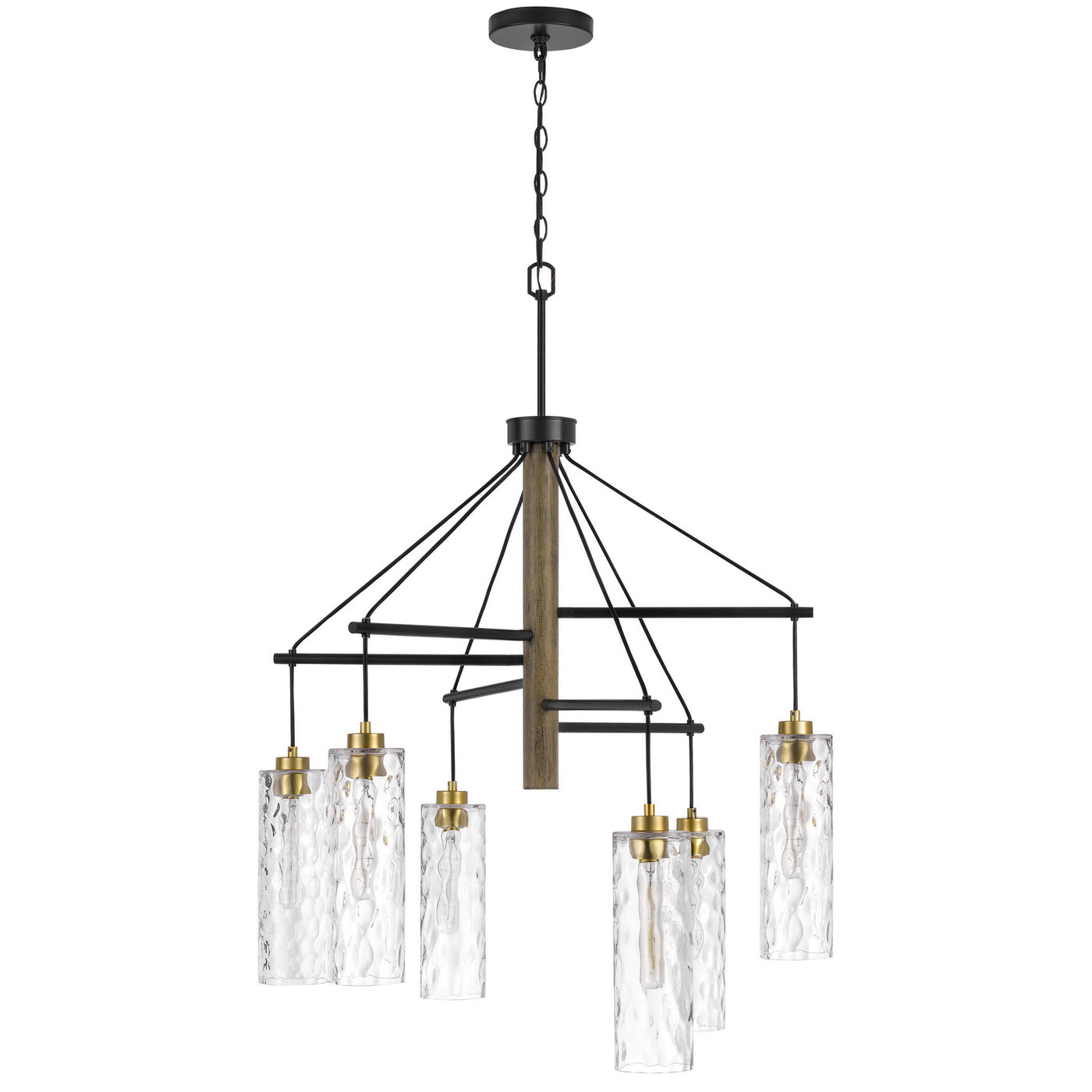 60W X 6 WILLISTON RUBBER WOOD CHANDELIER WITH HANGING TEXTURED GLASS SHADES Chandelier Cal Lighting