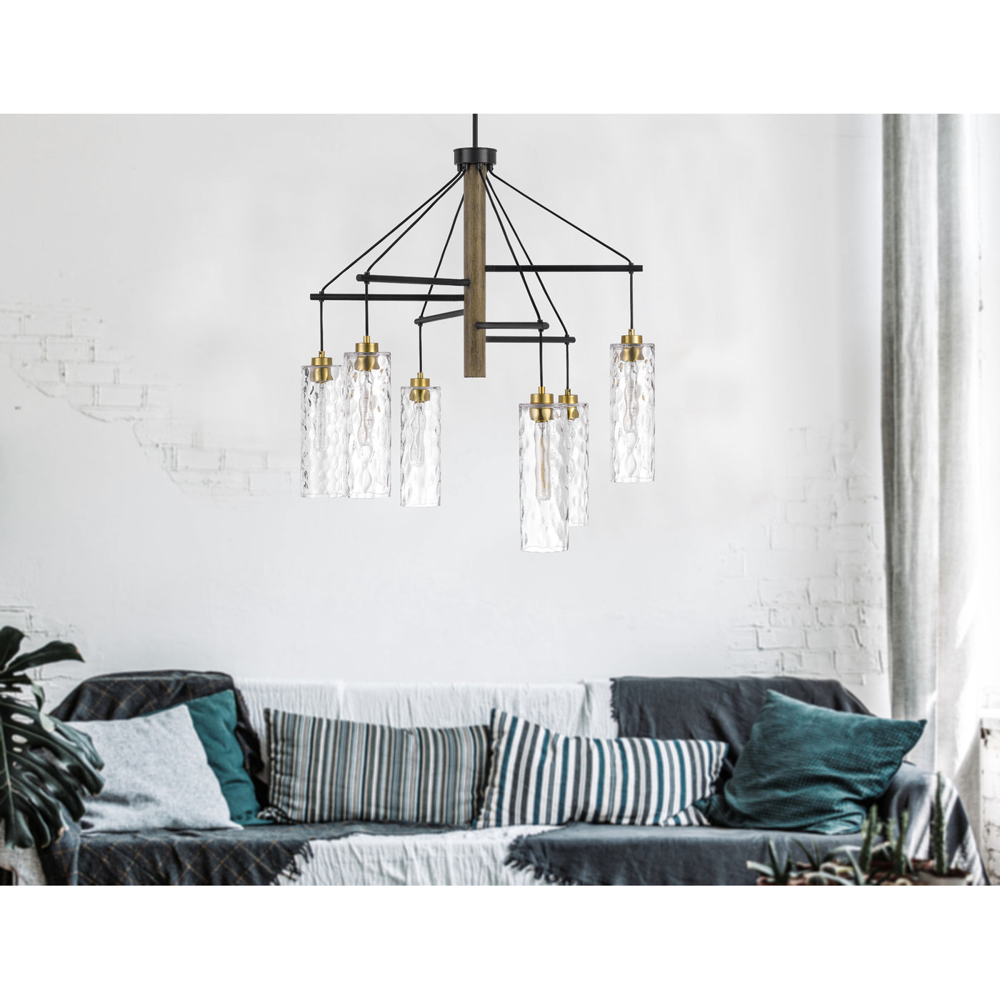 60W X 6 WILLISTON RUBBER WOOD CHANDELIER WITH HANGING TEXTURED GLASS SHADES Chandelier Cal Lighting