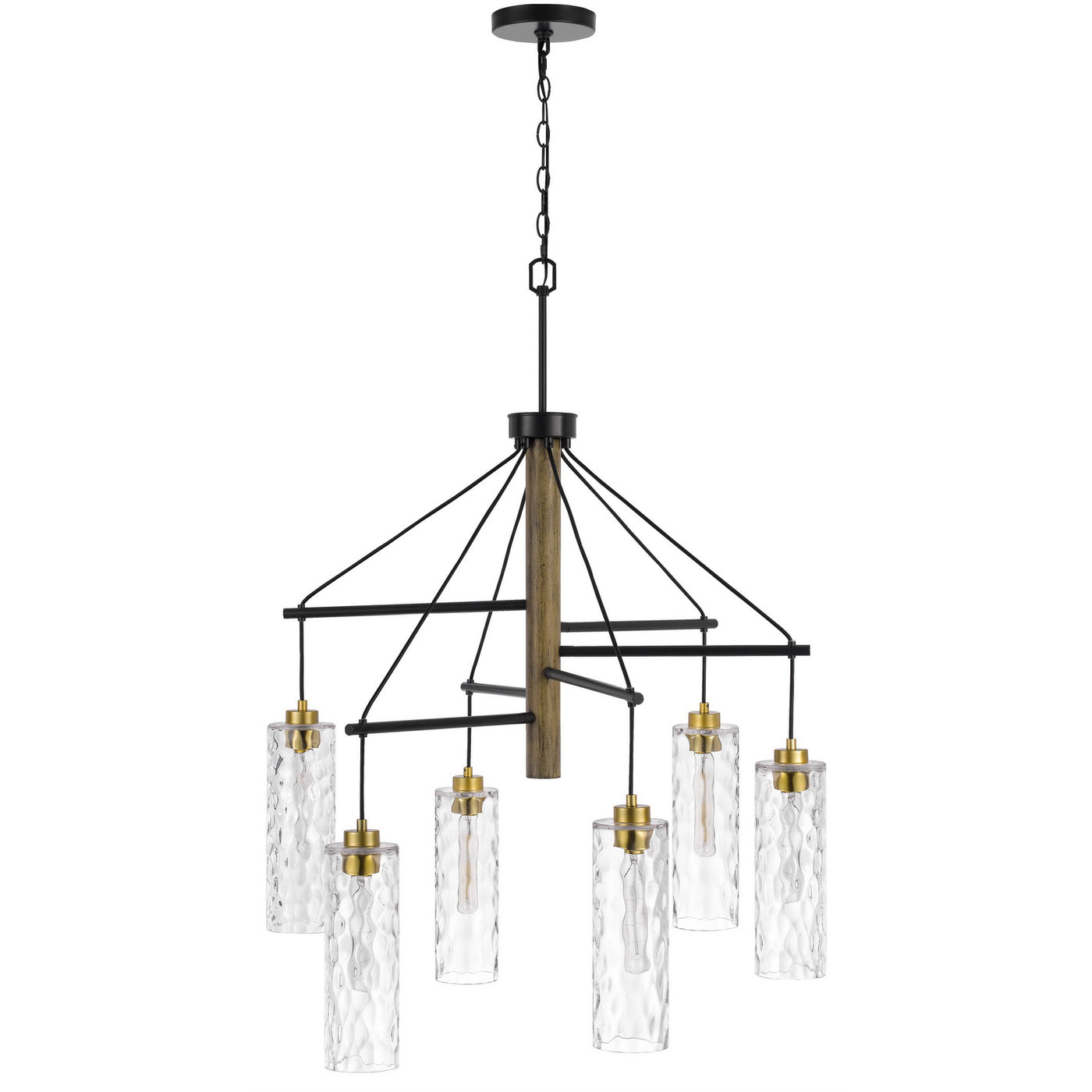 60W X 6 WILLISTON RUBBER WOOD CHANDELIER WITH HANGING TEXTURED GLASS SHADES Chandelier Cal Lighting