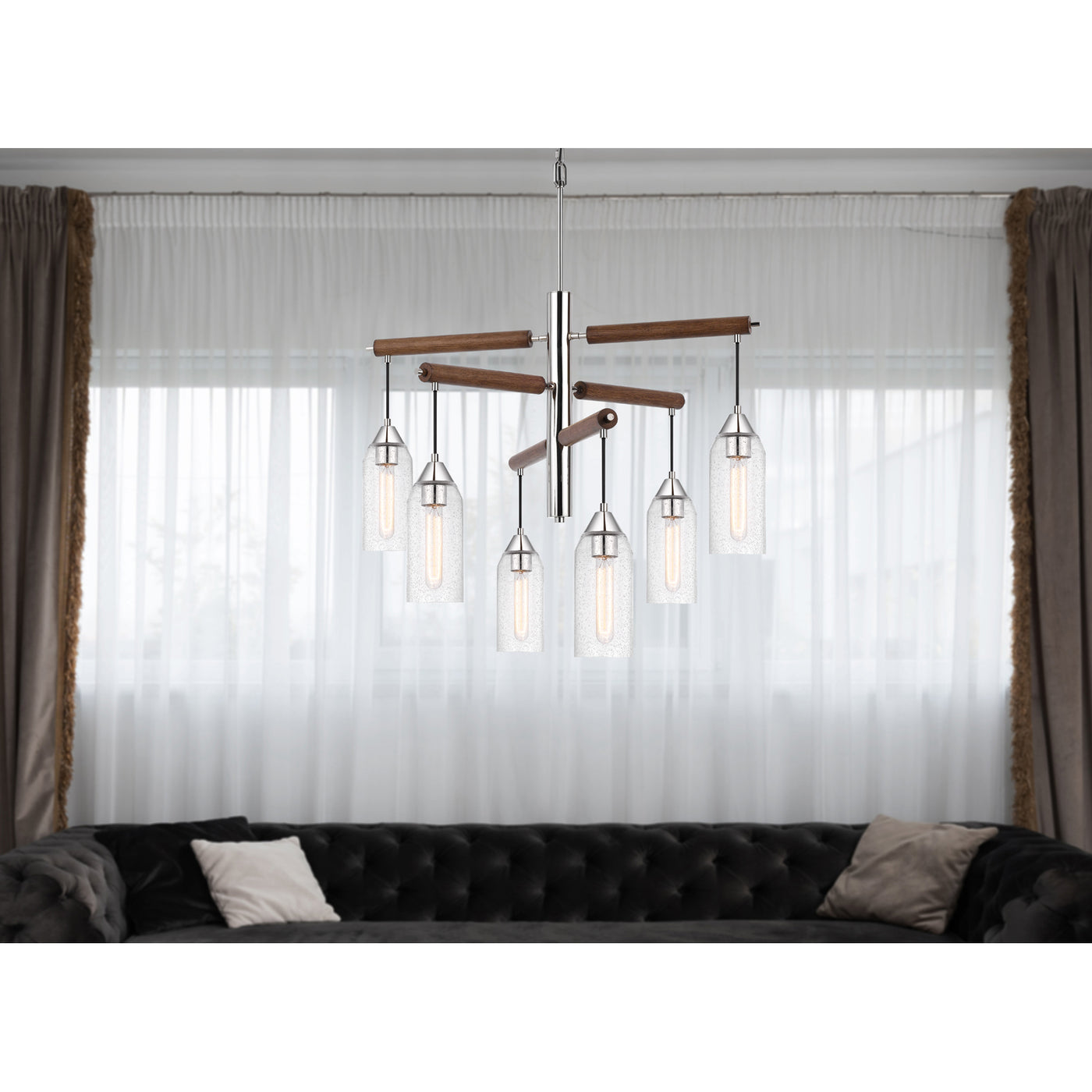 60W X 6 MASSILLON RUBBER WOOD CHANDELIER WITH HANGING BULBBED GLASS SHADES Chandelier Cal Lighting