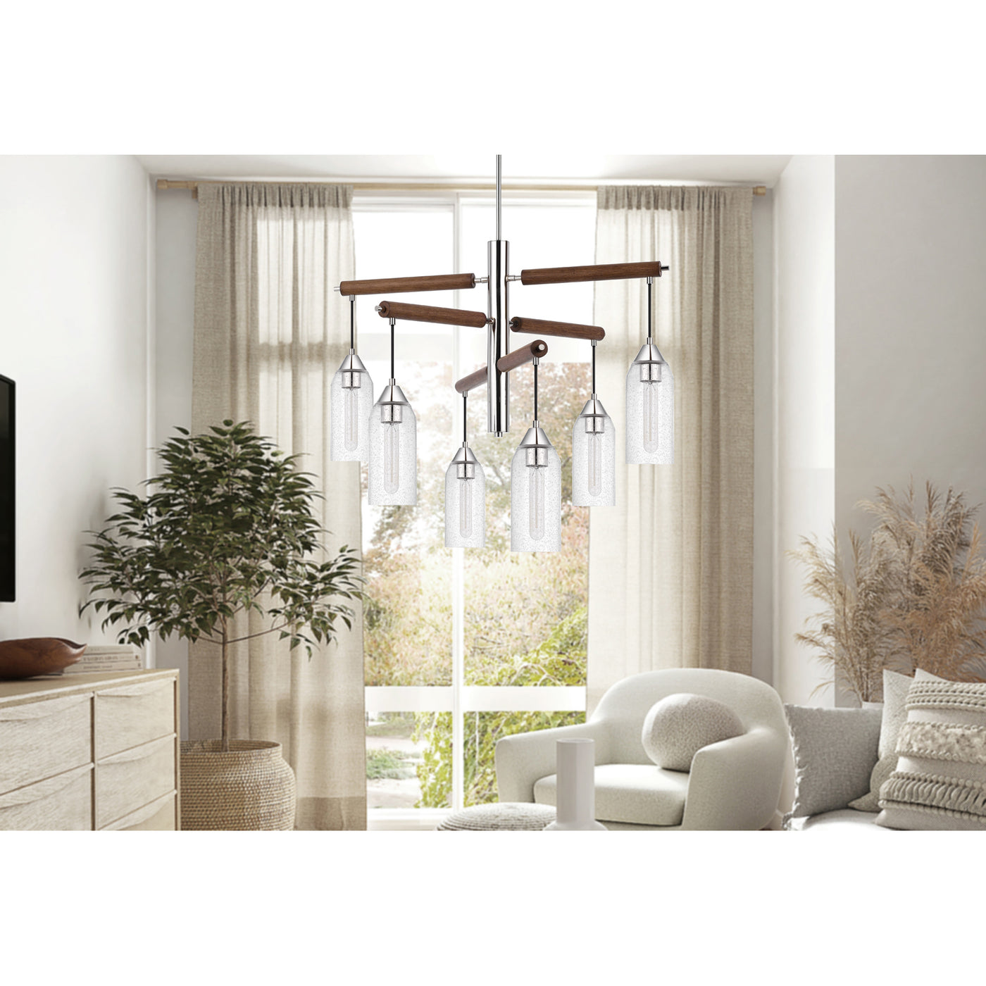 60W X 6 MASSILLON RUBBER WOOD CHANDELIER WITH HANGING BULBBED GLASS SHADES Chandelier Cal Lighting