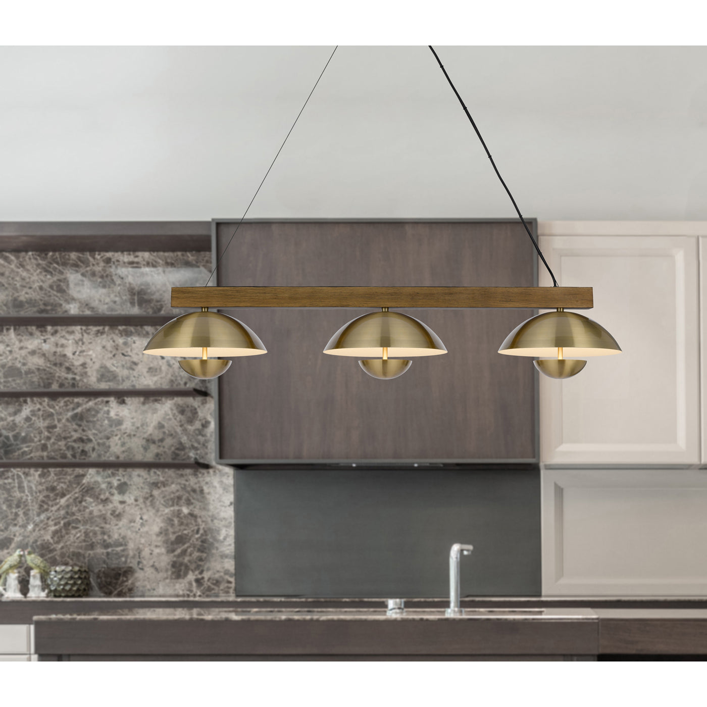 LAKELAND 15W X 3 INTERGRATED DIMMABLE LED METAL / BIRCH WOOD ISLAND CHANDELIER WITH HALF DOMED METAL SHADE Linear Cal Lighting