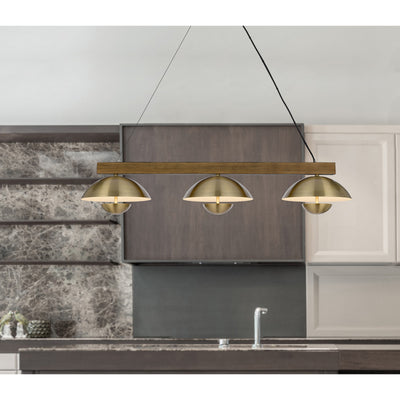 LAKELAND 15W X 3 INTERGRATED DIMMABLE LED METAL / BIRCH WOOD ISLAND CHANDELIER WITH HALF DOMED METAL SHADE Linear Cal Lighting
