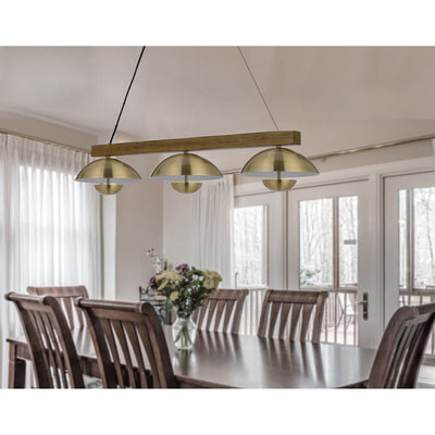LAKELAND 15W X 3 INTERGRATED DIMMABLE LED METAL / BIRCH WOOD ISLAND CHANDELIER WITH HALF DOMED METAL SHADE Linear Cal Lighting