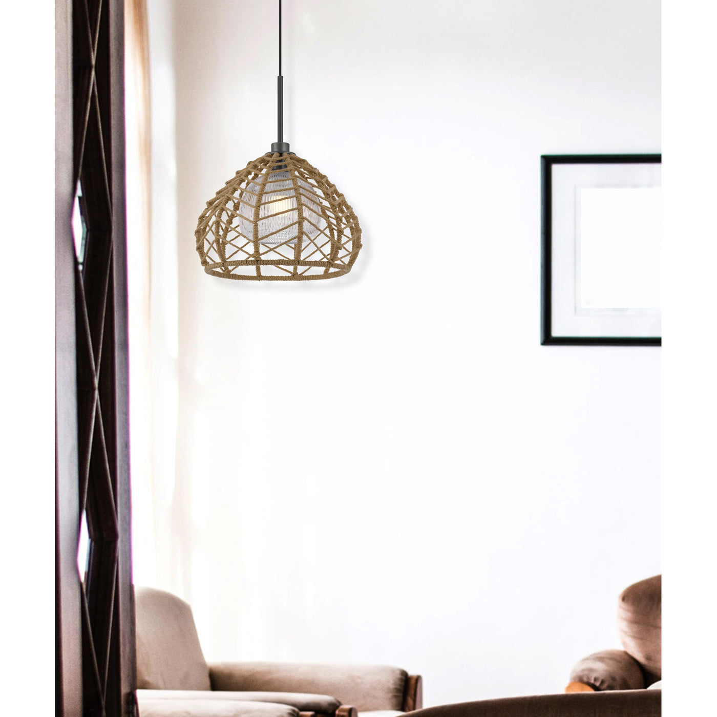 DUNN 60W METAL PENDANT WITH BURLAP ROPED SHADE Pendant Cal Lighting