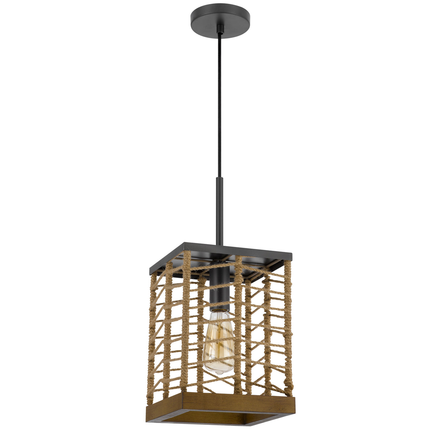 Winfall 60W metal with birch wood bottom trim square pendant with burlap roped shade Pendant Cal Lighting