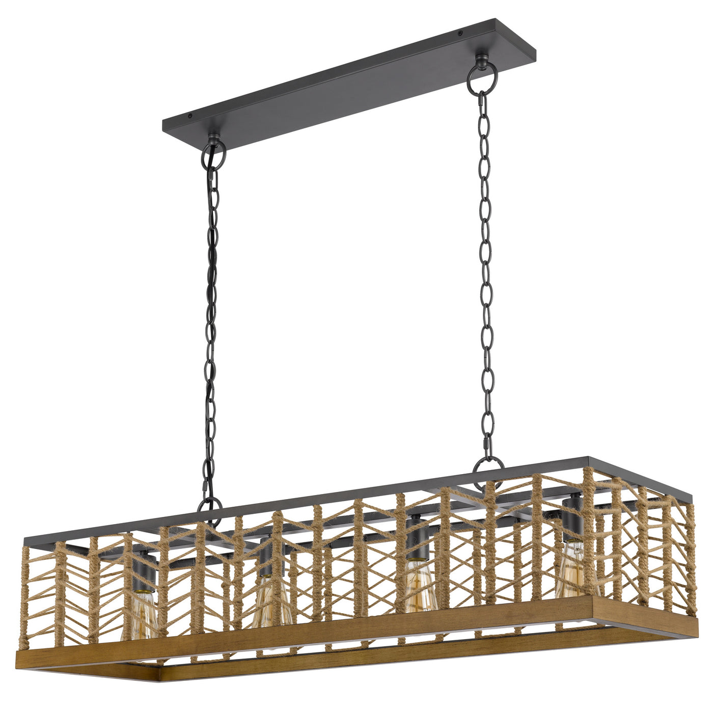 Winfall 60W x 4 metal with birch wood bottom trim square pendant with burlap roped shade Pendant Cal Lighting