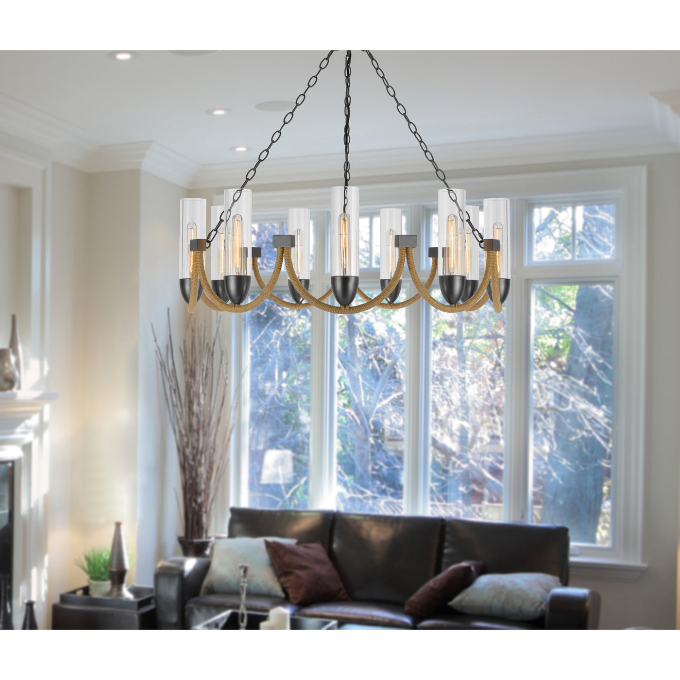 60W X 9 ARGYLE METAL CHANDELIER WITH MOSS RODS AND GLASS SHADES Chandelier Cal Lighting