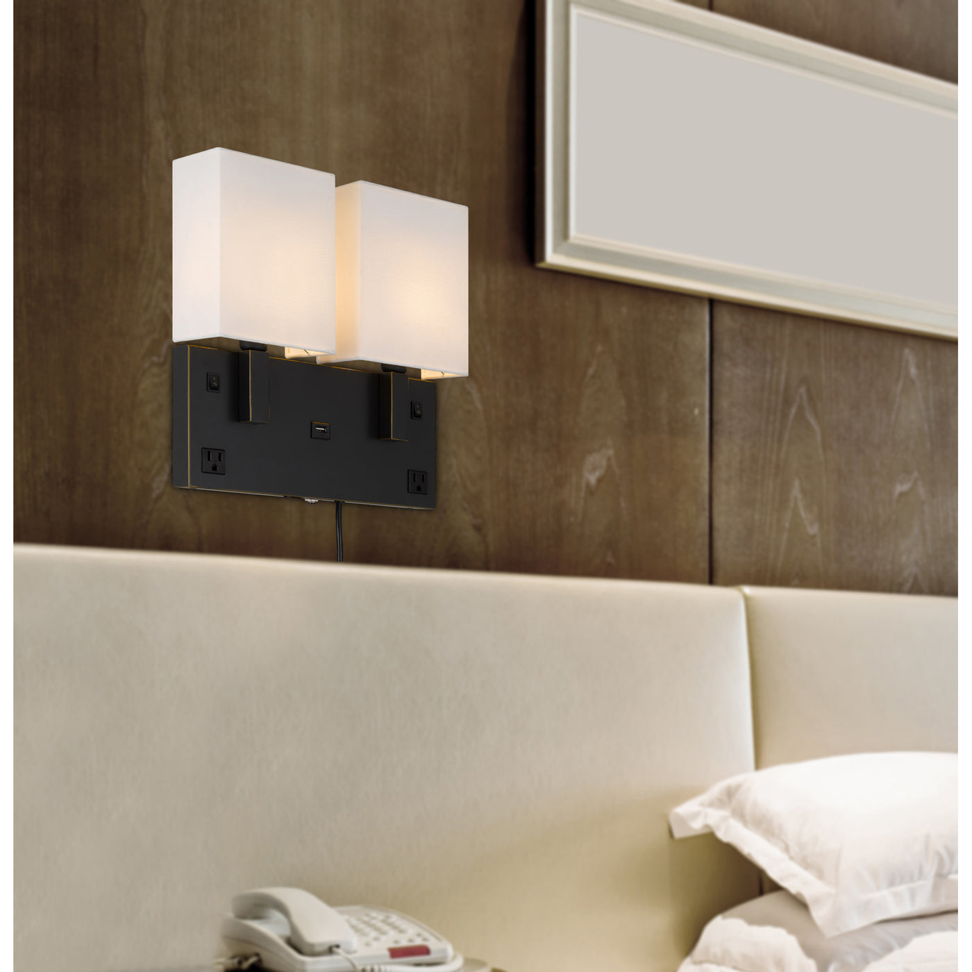 40W X 2 OBERLIN WALL LAMP WITH 2 POWER OUTLETS AND 1 USB CHARGING PORT Wall Lamp Cal Lighting