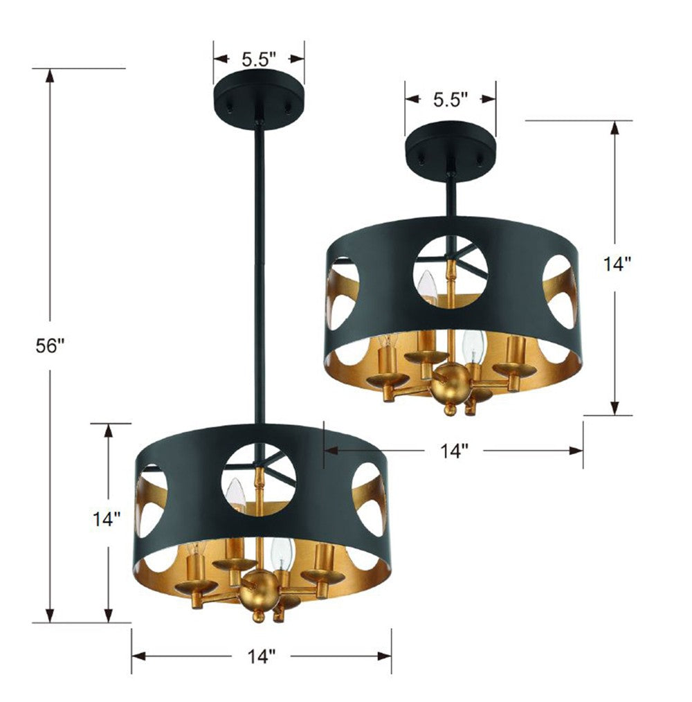 Odelle 4 Light Black + Antique Gold Semi Flush Mount Semi Flush Crystorama