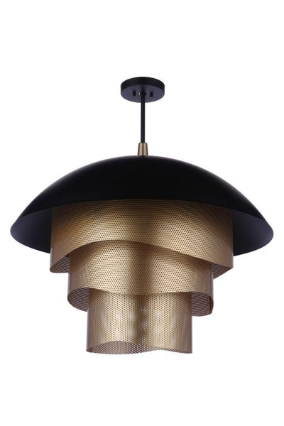 ##Antique Hardware## 31.25” Diameter Sculptural Statement Dome Pendant with Perforated Metal Shades in Flat Black/Matte Gold