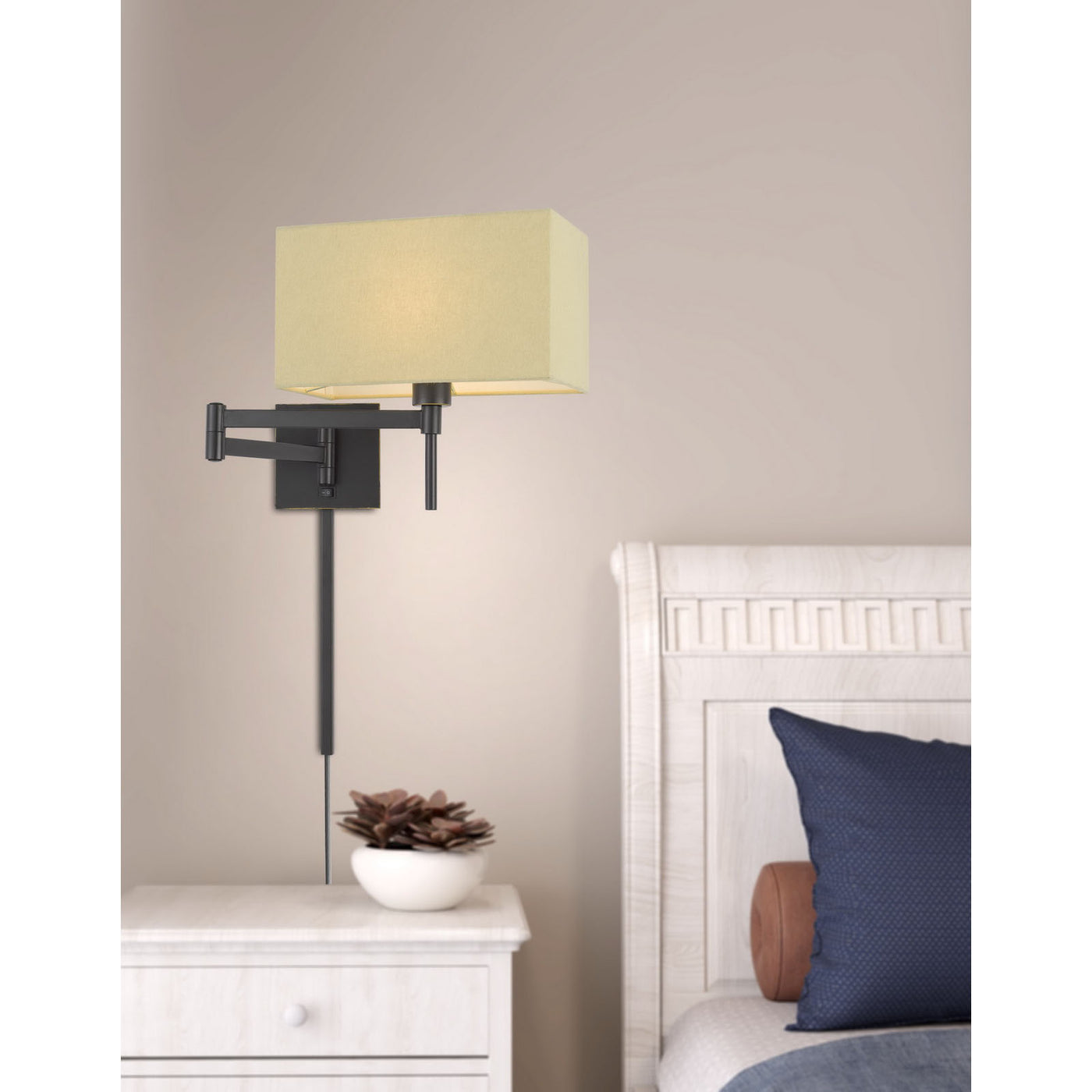 60W ROBSON WALL SWING ARM READING LAMP WITH RECTANGULAR HARDBACK FABRIC SHADE. 3 FT WIRE COVER INCLUDED. Wall Sconce Cal Lighting