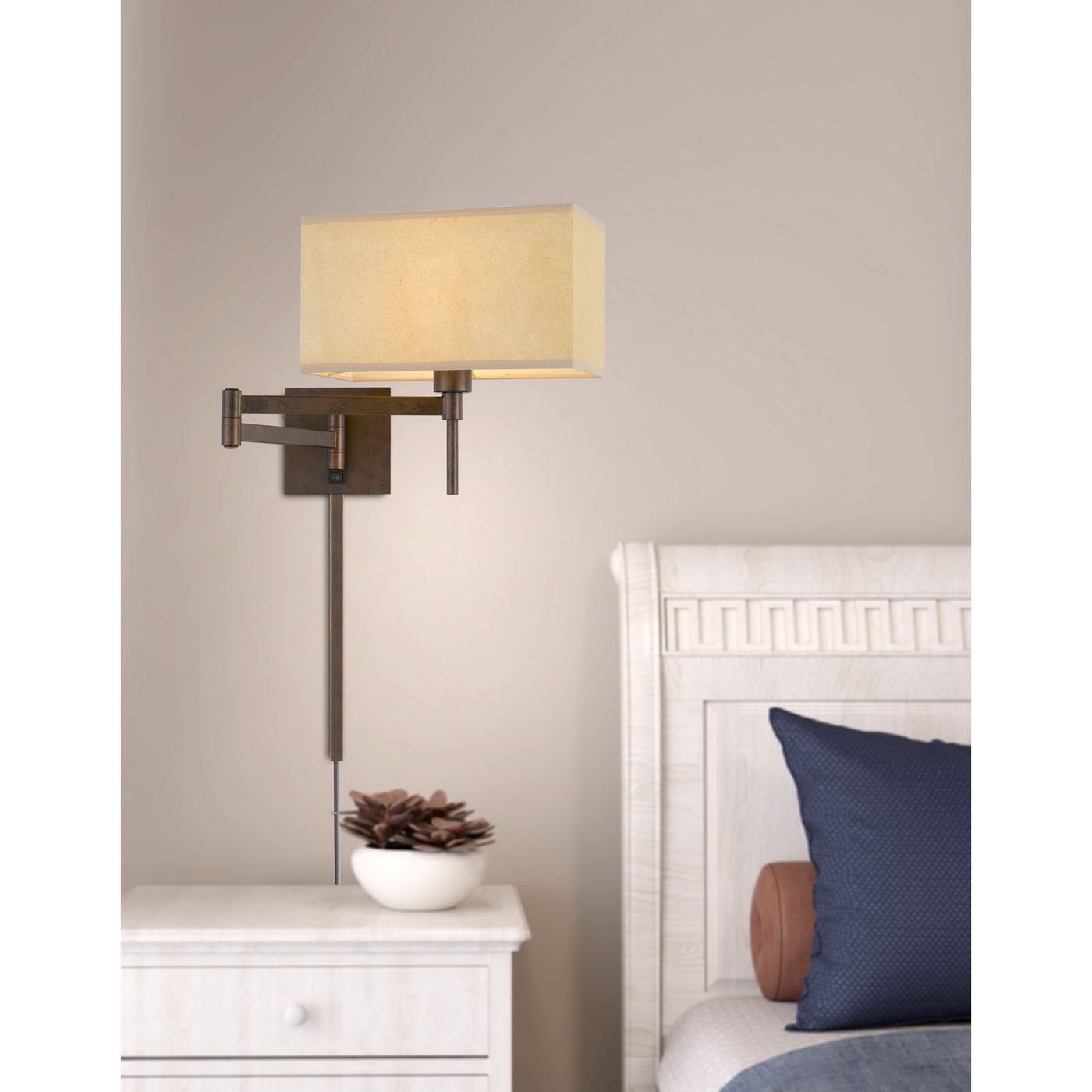 60W ROBSON WALL SWING ARM READING LAMP WITH RECTANGULAR HARDBACK FABRIC SHADE. 3 FT WIRE COVER INCLUDED. Wall Sconce Cal Lighting