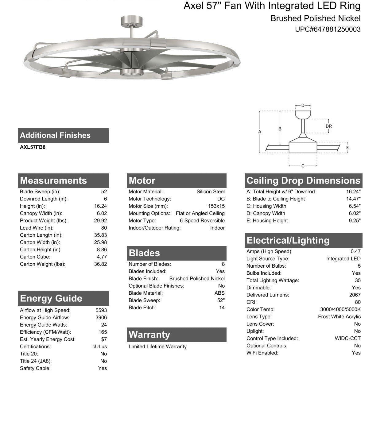 52" Axel in Brushed Polished Nickel w/ Brushed Nickel Blades Ceiling Fan CRAFTMADE