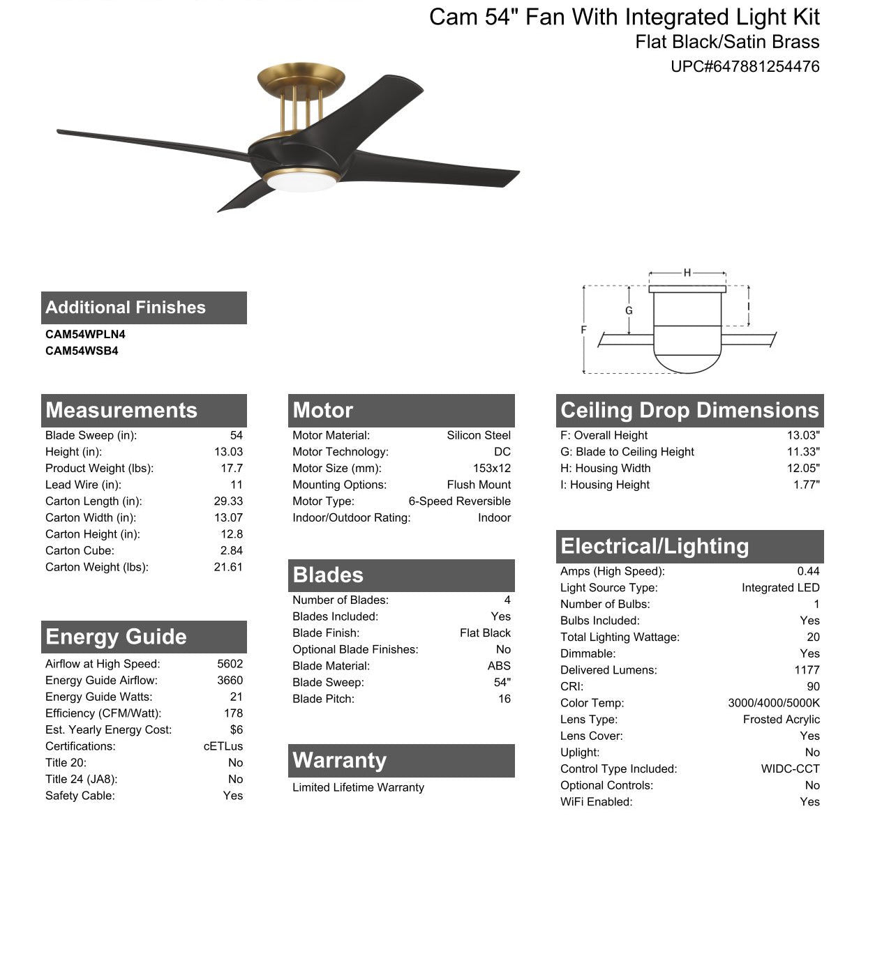 54" Cam in Flat Black/Satin Brass w/ Flat Black Blades Ceiling Fan CRAFTMADE