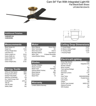 54" Cam in Flat Black/Satin Brass w/ Flat Black Blades Ceiling Fan CRAFTMADE