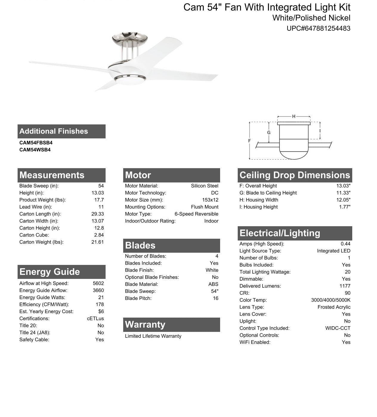 54" Cam in White/Polished Nickel w/ White Blades Ceiling Fan CRAFTMADE