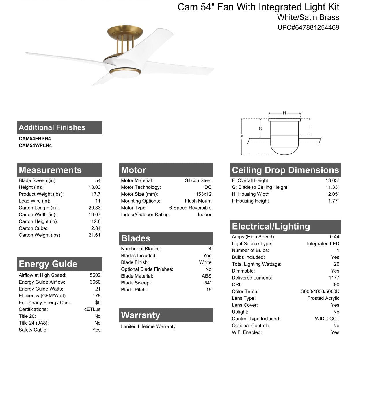 54" Cam in White/Satin Brass w/ White Blades Ceiling Fan CRAFTMADE