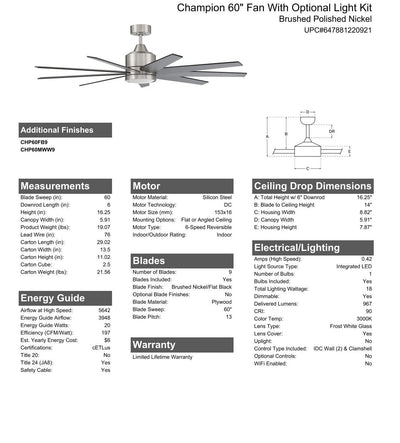 60" Champion  in Brushed Polished Nickel w/ Brushed Nickel/Flat Black Blades Ceiling Fan CRAFTMADE