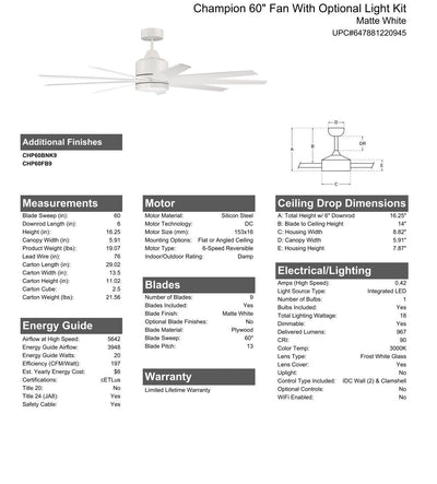 60" Champion Indoor/Outdoor (Damp) in Matte White w/ Matte White Blades Ceiling Fan CRAFTMADE