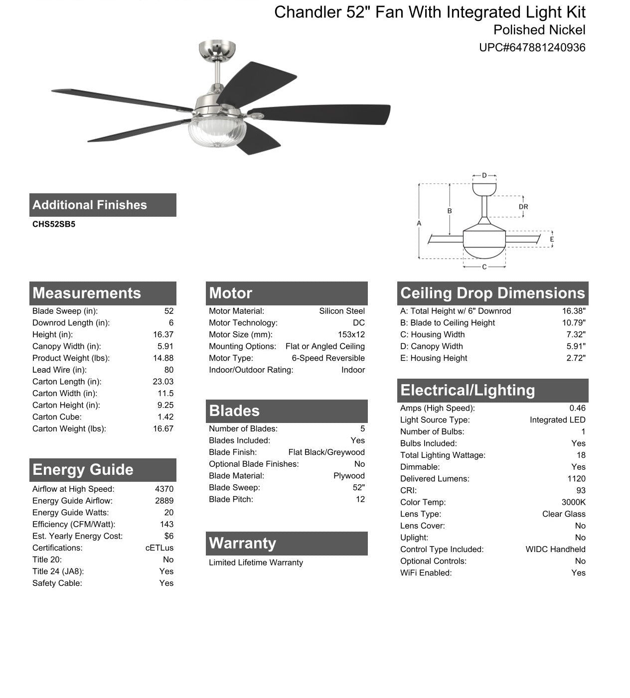 52" Chandler in Polished Nickel w/ Flat Black/Greywood Blades Ceiling Fan CRAFTMADE