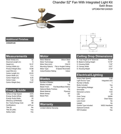 52" Chandler in Satin Brass w/ Flat Black/Black Walnut Blades Ceiling Fan CRAFTMADE