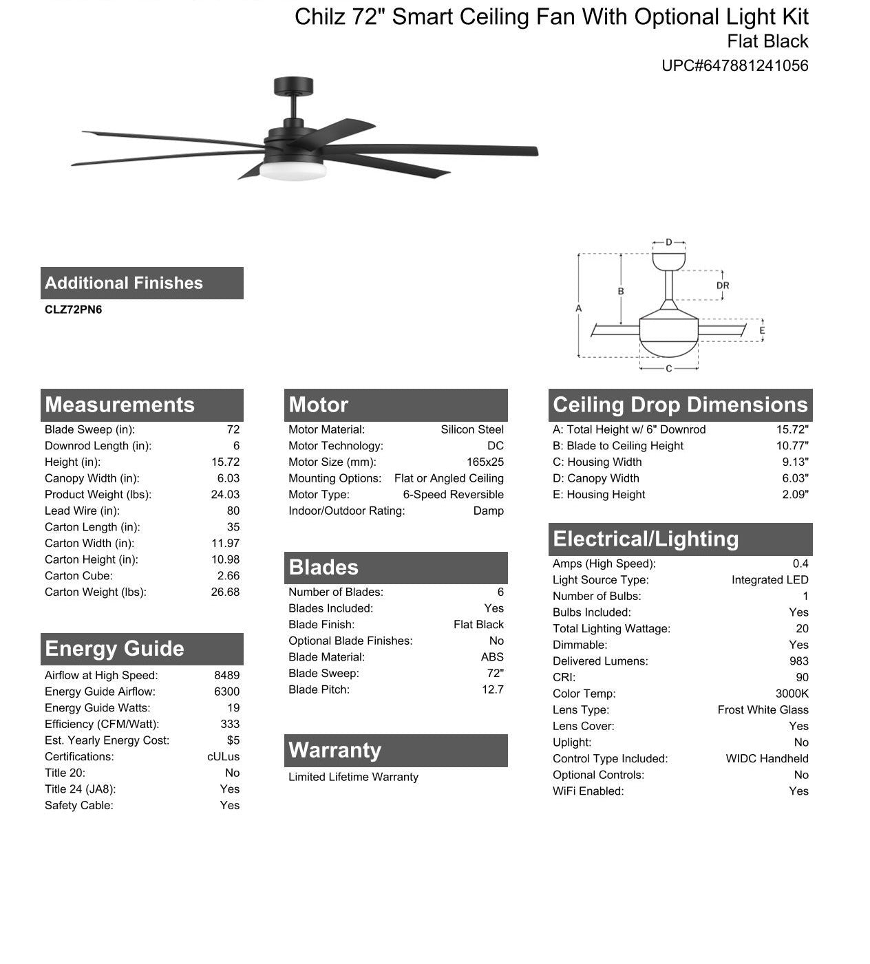 72" Chilz Smart Ceiling Fan, Flat Black, Integrated LED Light Kit, Remote & WiFi Control Ceiling Fan CRAFTMADE