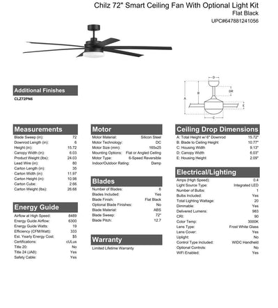 72" Chilz Smart Ceiling Fan, Flat Black, Integrated LED Light Kit, Remote & WiFi Control Ceiling Fan CRAFTMADE