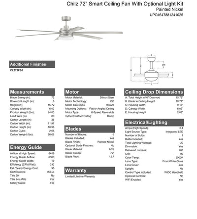 72" Chilz Smart Ceiling Fan, Painted Nickel, Integrated LED Light Kit, Remote & WiFi Control Ceiling Fan CRAFTMADE