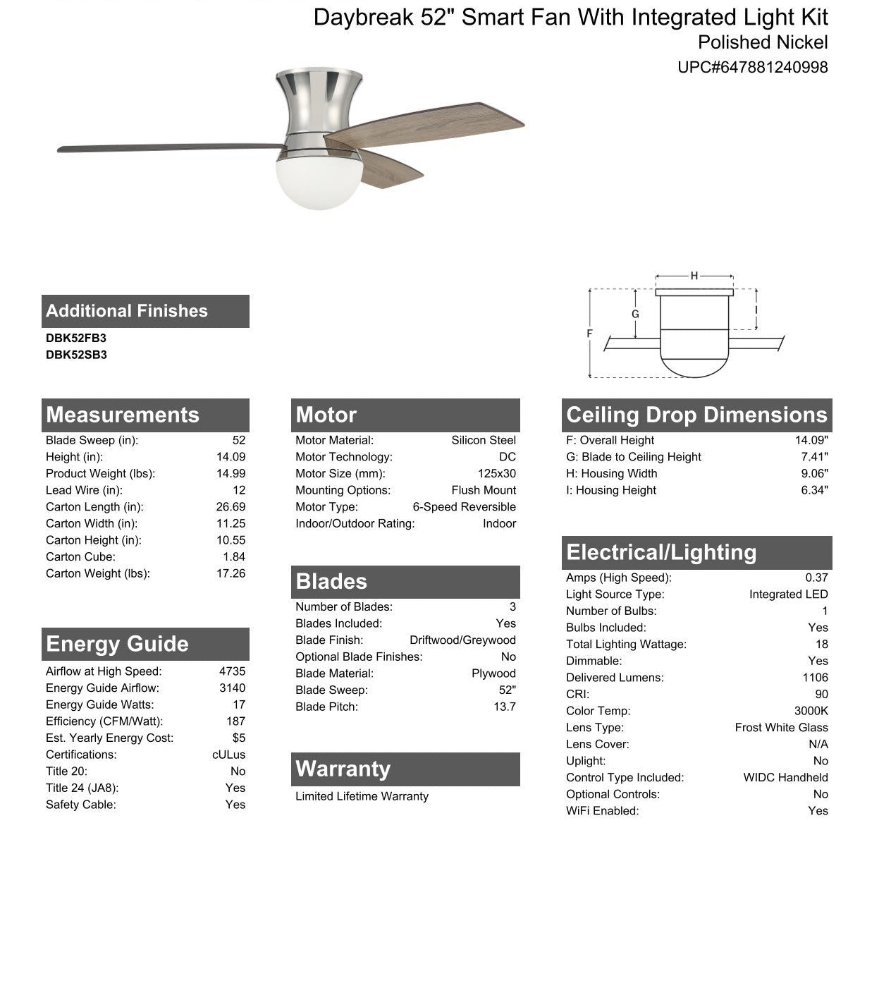 52" Daybreak in Polished Nickel w/ Driftwood/Greywood Blades Ceiling Fan CRAFTMADE