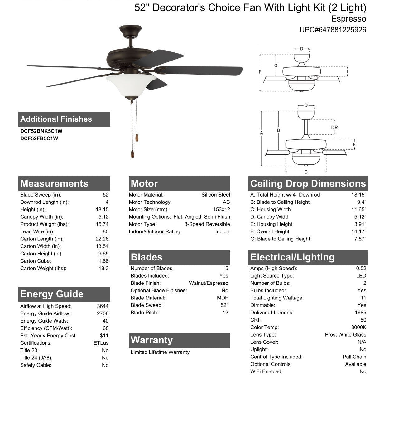 52" Decorator's Choice 2 Light in Espresso w/ Walnut/Espresso Blades Ceiling Fan CRAFTMADE