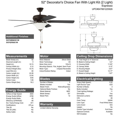 52" Decorator's Choice 2 Light in Espresso w/ Walnut/Espresso Blades Ceiling Fan CRAFTMADE