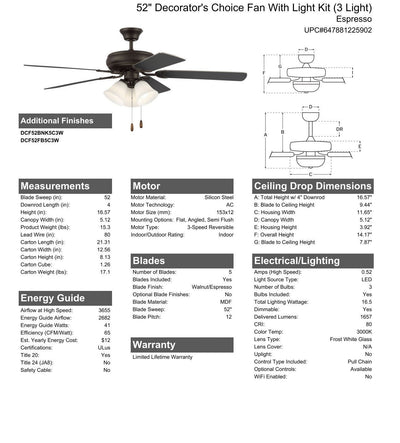 52" Decorator's Choice 3 Light in Espresso w/ Walnut/Espresso Blades Ceiling Fan CRAFTMADE