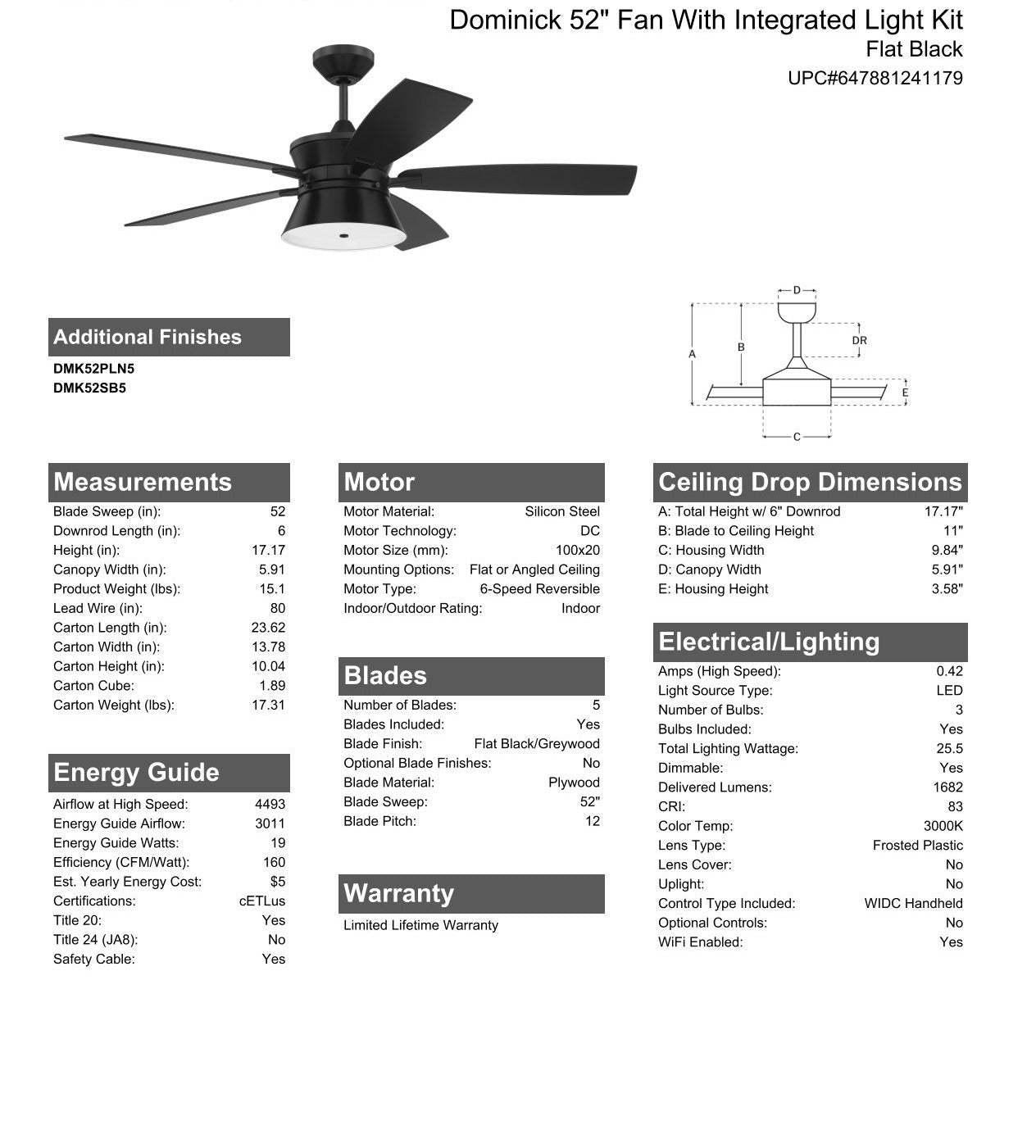 52" Dominick in Flat Black  w/ Flat Black/Greywood Blades Ceiling Fan CRAFTMADE