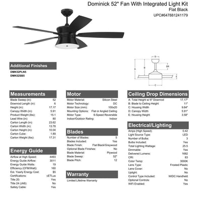 52" Dominick in Flat Black  w/ Flat Black/Greywood Blades Ceiling Fan CRAFTMADE