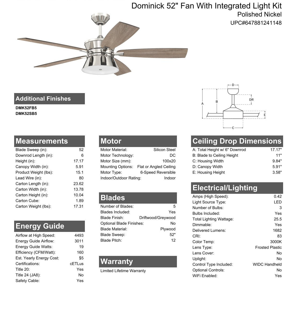 52" Dominick in Polished Nickel w/ Driftwood/Greywood Blades Ceiling Fan CRAFTMADE