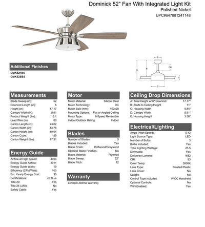 52" Dominick in Polished Nickel w/ Driftwood/Greywood Blades Ceiling Fan CRAFTMADE