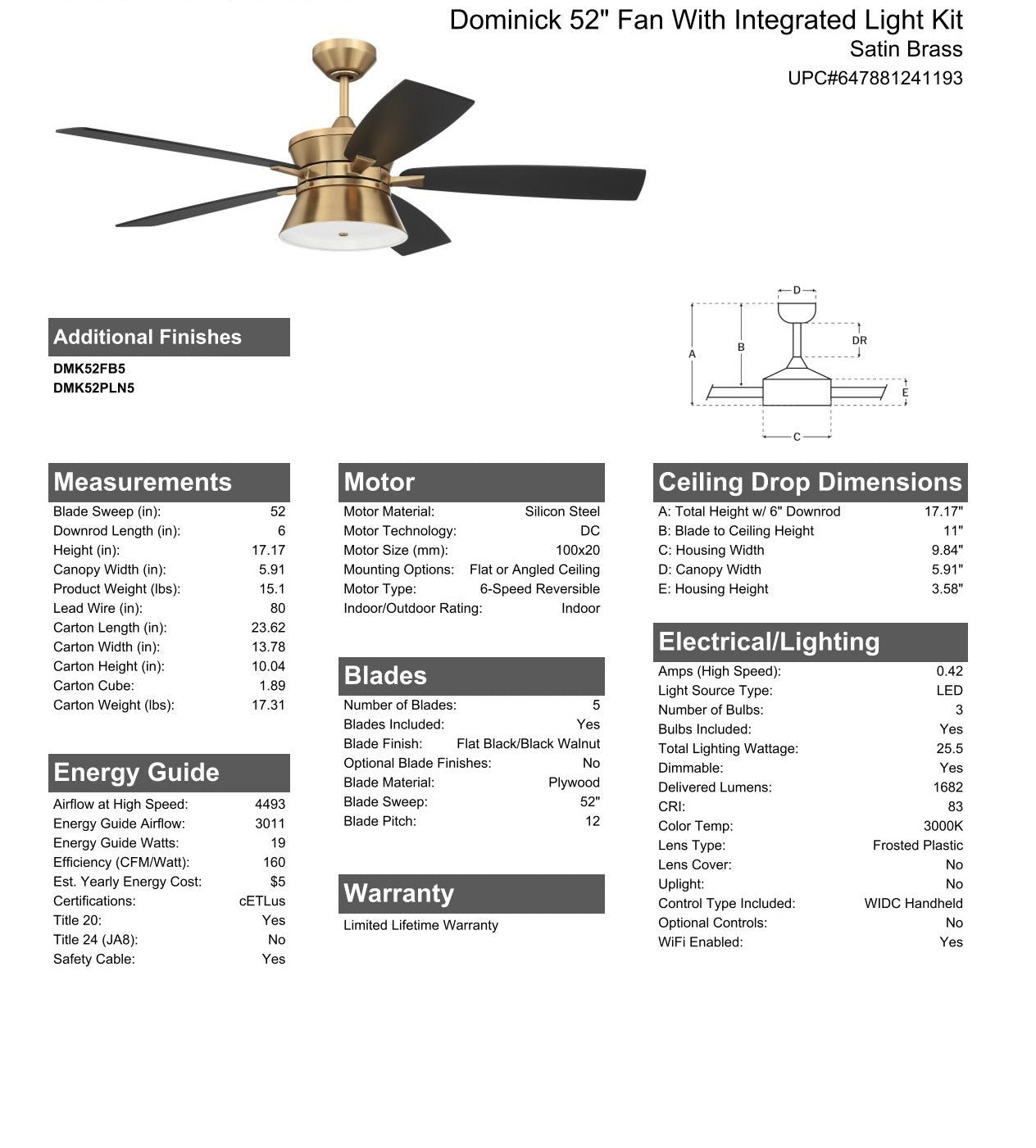 52" Dominick in Satin Brass w/ Flat Black/Black Walnut Blades Ceiling Fan CRAFTMADE