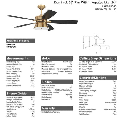 52" Dominick in Satin Brass w/ Flat Black/Black Walnut Blades Ceiling Fan CRAFTMADE