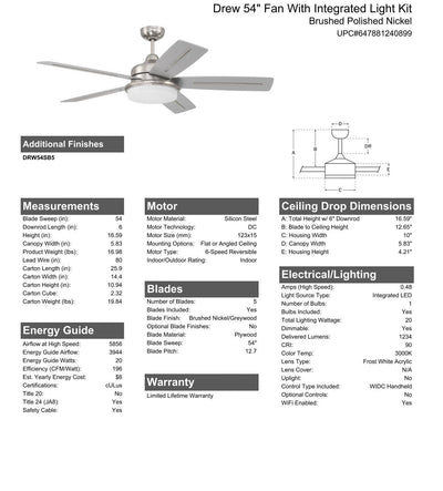 54" Drew in Brushed Polished Nickel w/ Brushed Nickel/Greywood Blades Ceiling Fan CRAFTMADE